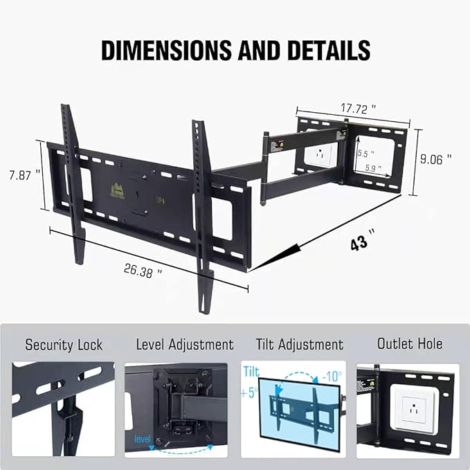 FORGING MOUNT Long Extension TV Mount Full Motion Wall Bracket with 42 inch Long Arm Articulating TV Wall Mount for 42 to 80 Inch Flat/Curve TVs, VESA 600x400mm Compatible, Holds up to 110 lbs
