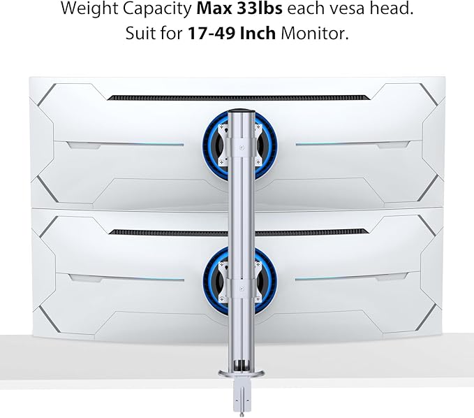 BEWISER Dual Monitor Stand Desk Mount- Vertical Heavy Duty Monitor Riser Fits Two 17 to 49 Inch Screen with Swivel, Tilt, Height Adjustable,Weight Capacity up to 33 lbs