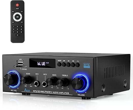 Romicta AK50 Stereo Audio Amplifier, 2 Channel 400W Bluetooth 5.0 Home Audio Stereo Receiver with FM, Echo, AUX, USB, SD, MIC Inputs, Power Amplifier for Passive Speakers and Active subwoofer