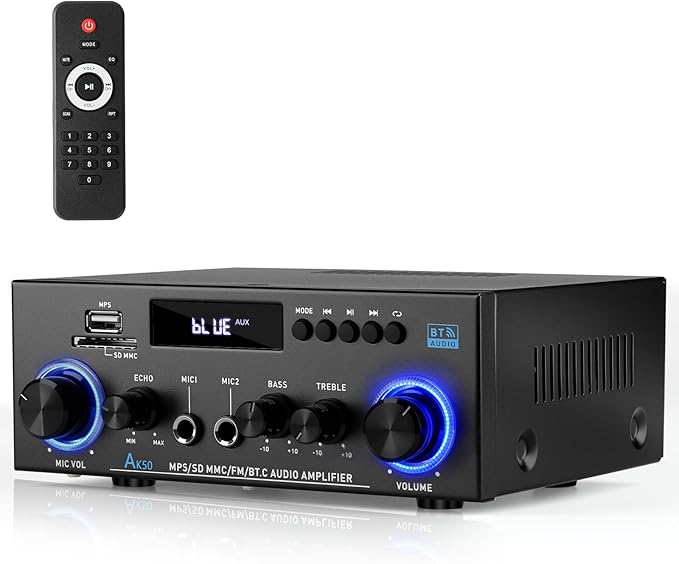Romicta AK50 Stereo Audio Amplifier, 2 Channel 400W Bluetooth 5.0 Home Audio Stereo Receiver with FM, Echo, AUX, USB, SD, MIC Inputs, Power Amplifier for Passive Speakers and Active subwoofer