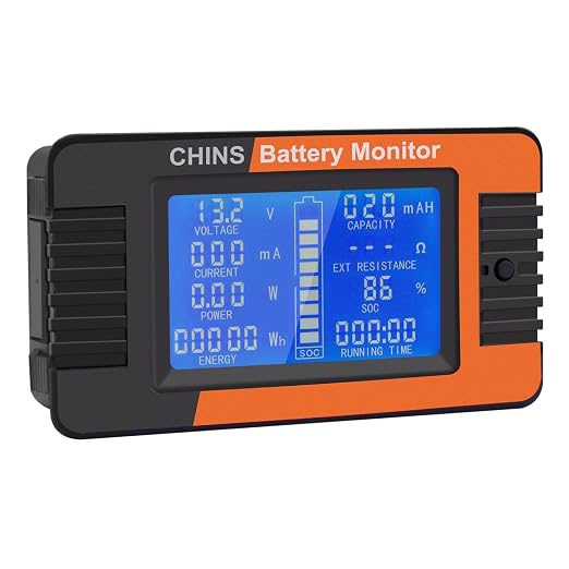 CHINS Monitor with Shunt for Golf Cart, RV, Solar Panel Battery, Widely Applied to 12V/24V/36V/48V Battery, LCD Display Digital Current Voltage Solar Power Meter Multimeter Ammeter Voltmeter