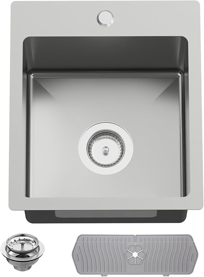 Kitchen And Bar Sink, 15x17 Inch Stainless Steel Drop In Kitchen Sink Modern Single Bowl Topmount Bar Sink Combo-Silicon Mat,Drain Strainer Set Compatibility With Various Kitchen & Bar Style