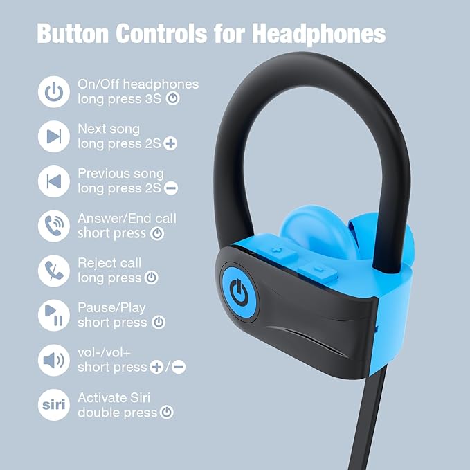Boean Bluetooth Headphones, Bluetooth 5.3 Wireless Headphones with 16 Hours Playtime, Stereo Bass IPX7 Waterproof Over Ear Earphones for Workout and Sports Running