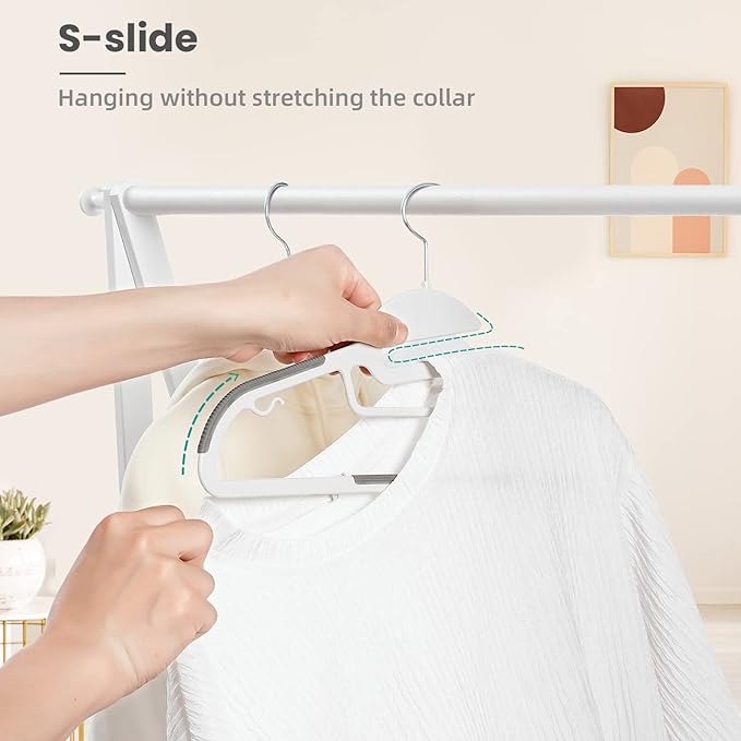 BAGAIL Plastic Hangers 50 Pack with Non-Slip Design,0.2 Inches Thick, 360°Swivel Hook Space Saving Organizer for Bedroom Closet,Shirts,Pants(White- S Shaped)