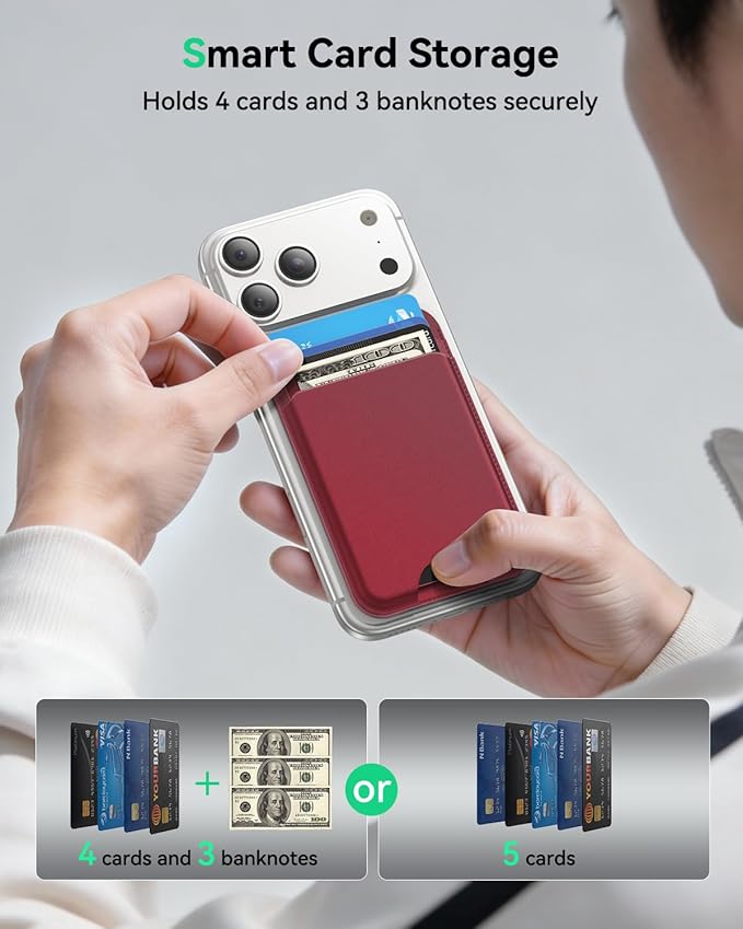 for MagSafe Wallet with Stand, 5 Card Holder, Slim Leather Magnetic Wallet for iPhone 17/16/15/14/13/12 Pro Max Plus Air Series, 3 Card Slots & 1 Cash Slot,WineRed