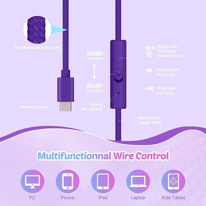 QearFun Kids Cat Ear Headphones with USB C for Girls with Microphone, 85/94dB Safe Volume Limiter, Tangle-Free Cord, Share Port, Foldable Sparkly Wired Headset for School, Travel, Tablet, iPad
