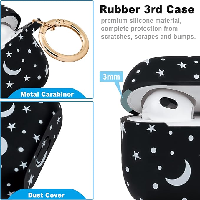 Moon Star Silicone Compatible with AirPods 3 Case 2021, Gawnock Soft Case for Compatible with AirPods 3rd Generation Print Cover for Women Girls with Keychain (Moon/Star)