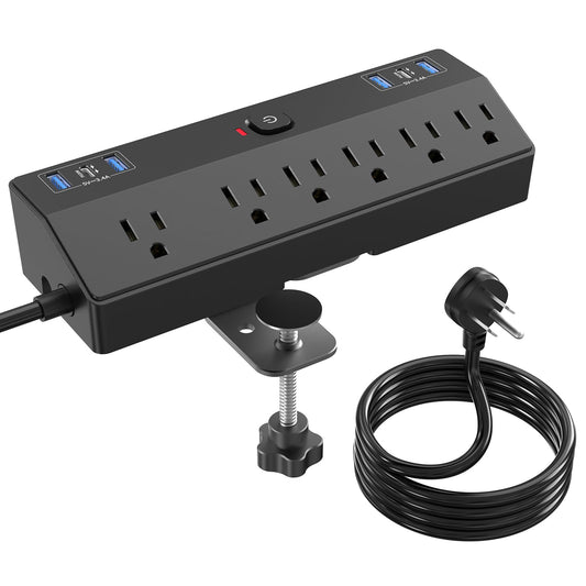 Desk Clamp Power Strip 6FT with 40W USB C Ports, JXGUCAT Flat Plug Desk Mount Power Strip Surge Protector, Removable Extension Cord with 2 USB-C Ports 6 Outlets, Fits 1.8" Tabletop Edge, Black
