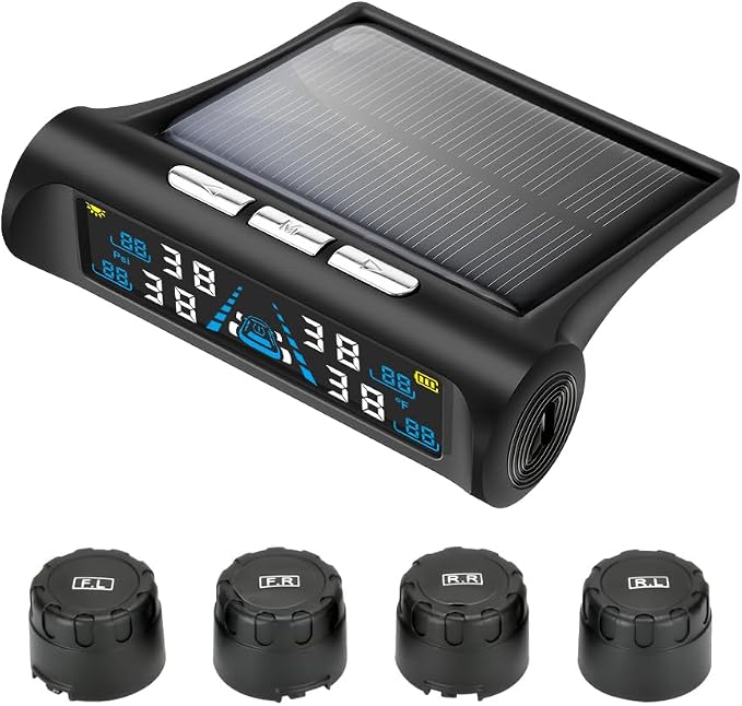 Tire Pressure Monitoring System - TPMS Tire Pressure Monitor System with Solar Charger, TPMS with 4 External sensors & 6 Alarm Modes, LCD Real-time Display, Auto Sleep Mode, Easy to Install(Dynamic)