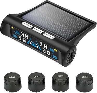 Tire Pressure Monitoring System - TPMS Tire Pressure Monitor System with Solar Charger, TPMS with 4 External sensors & 6 Alarm Modes, LCD Real-time Display, Auto Sleep Mode, Easy to Install(Dynamic)