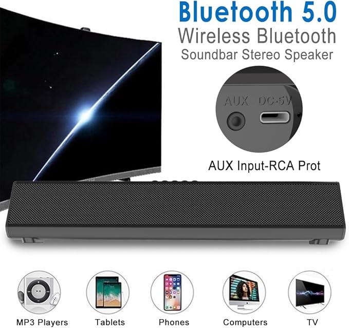 Guppy Sound Bar 15.7 Inch Soundbar for Smart TV Speaker with USB/AUX Connectivity, PC Desktop Speaker, Stereo Wireless Computer Bar Speaker, Subwoofer, for TV/Desktop/Laptop (Black)
