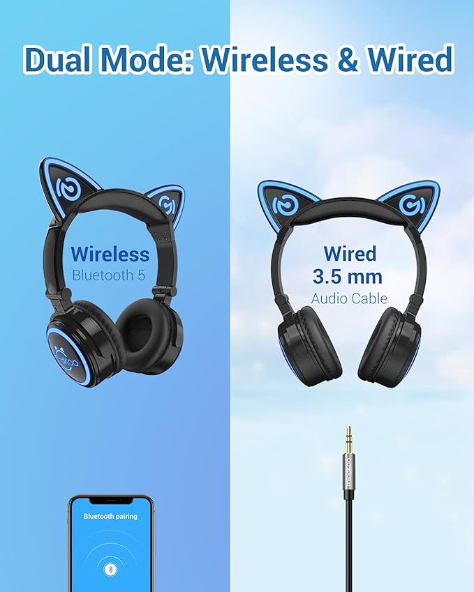 Cat Ear Bluetooth Headphones with Microphone, LED Light Up Over Ear Headphones, Volume Control and Foldable Headset for Tablet/PC/iPad/Cell Phones, Gift for Kids Boys & Girls