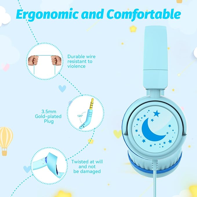Kids Headphones with Cord for School, 85/94dB Volume Limit Headphones for Kids, Portable Wired Headphone with Shareport, Stereo Sound Foldable Headset for School/Tablet/iPad/Kindle (Cyan)