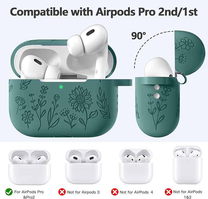 Hamile for AirPods Pro 2nd/1st Generation Case with Cleaner Kit & Keychain, Cute Flower Engraved Soft Silicone Protective AirPods Pro Case Cover for Apple AirPods Pro Case 2nd/1st Gen, Pine Green