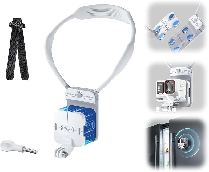 Magnetic Invisible POV Neck Mount, Hands-Free Vlogging Accessories with Backplate Strap for Action Cameras, GoPro, Insta360 Ace Pro 2/X6/X5, Osmo 360 Ⅱ/Action 6- White