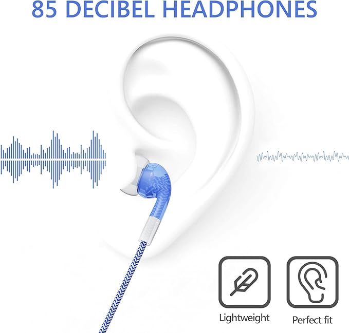 GEEKRIA Kids Wired Earbuds with Mic & Volume Control for School and Online Class, Children's 3.5mm Jack in-Ear Earphone with 85dB Volume Limit for Small Ears, Storage Case Included (Blue)