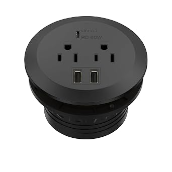 TOPGREENER Desktop Power Grommet with 65W PD Fast Charging USB C, GaN Desk Grommet for MacBook, 2 USB-A Ports and Duplex Receptacles, 3” Diameter Power Grommet, TTRP48APD60-BK, Black