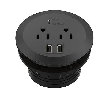 TOPGREENER Desktop Power Grommet with 65W PD Fast Charging USB C, GaN Desk Grommet for MacBook, 2 USB-A Ports and Duplex Receptacles, 3” Diameter Power Grommet, TTRP48APD60-BK, Black
