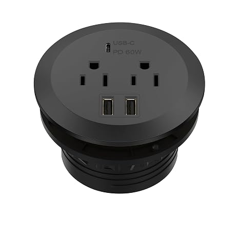 TOPGREENER Desktop Power Grommet with 65W PD Fast Charging USB C, GaN Desk Grommet for MacBook, 2 USB-A Ports and Duplex Receptacles, 3” Diameter Power Grommet, TTRP48APD60-BK, Black