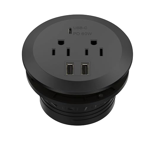 TOPGREENER Desktop Power Grommet with 65W PD Fast Charging USB C, GaN Desk Grommet for MacBook, 2 USB-A Ports and Duplex Receptacles, 3” Diameter Power Grommet, TTRP48APD60-BK, Black