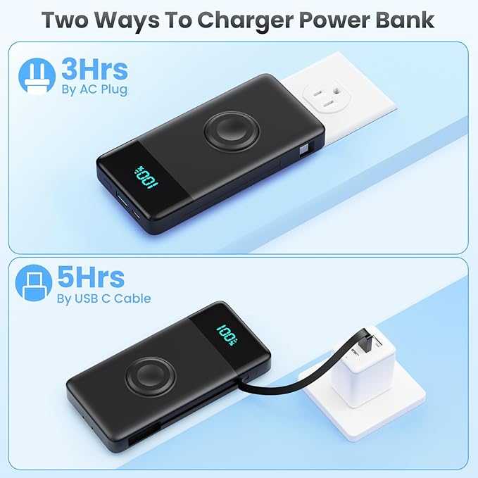 FOCHEW Portable Charger for iPhone with Built in Cables & Wall Plug,6-in-1 10800mah Power Bank with iWatch Charger, QC4.0+25W PD Fast Charging LCD Display Battery Pack for iPhone 16/15/14,Android