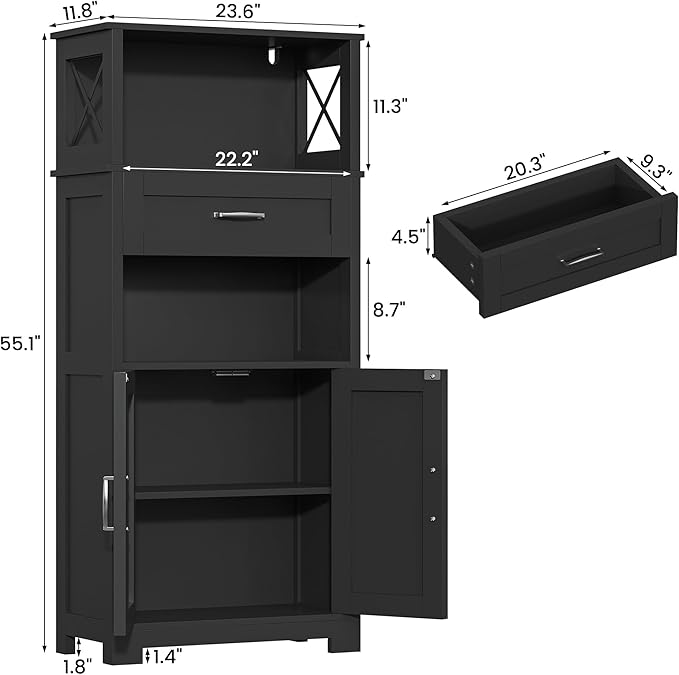 Semoic 55" Farmhouse Kitchen Pantry Cabinet, 5-Tier Pantry Storage Cabinet with 2 Barn Doors and Drawer, Tall Sideboard Buffet Cupboards Storage Shelf for Home Office Use (Black 12" D x 24" W x 55" H)