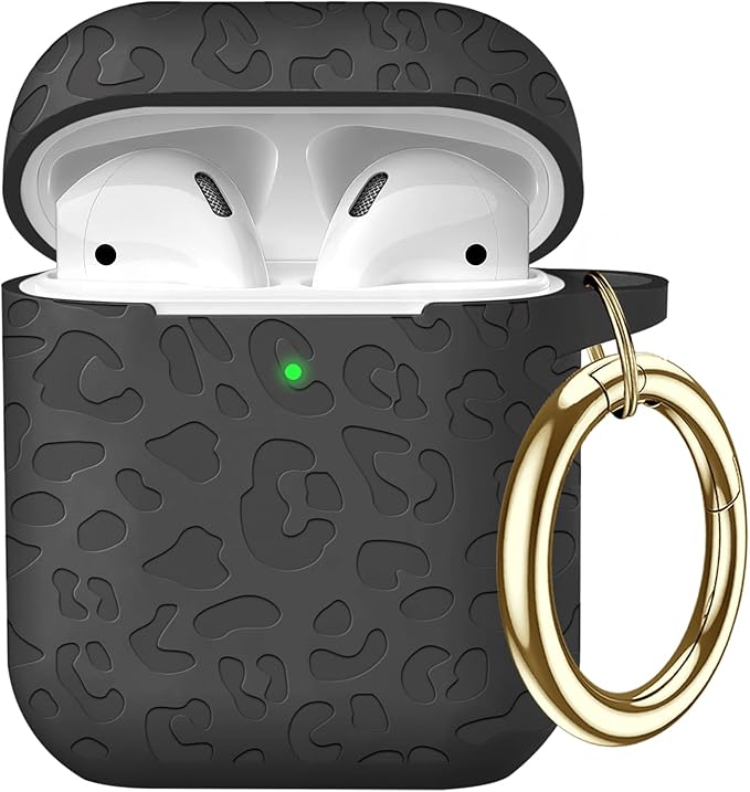 Compatible with Airpods Case Leopard Engraved Skin Cover Compatible with Airpods 2nd/1st Charging Case,Cute Soft Silicone Full Protective, Front LED Visible, Black