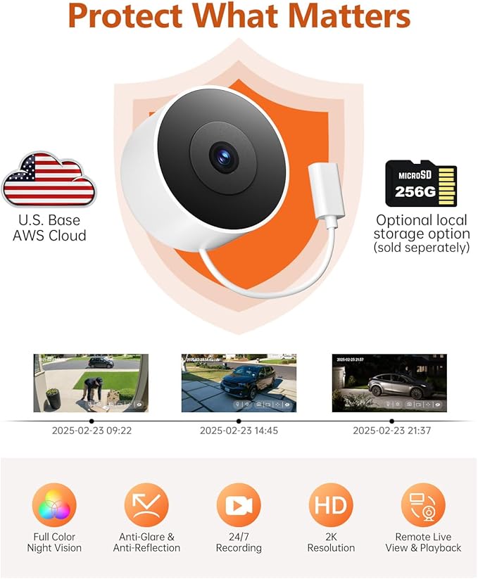 4MP/2K Window Cameras for Home Security, WiFi Indoor Security Camera with Blacklight Full Color Night Vision, Al Text Recognition, Smart Search, 24/7 Recording for Porch/Yard/Front Road (1PCS)
