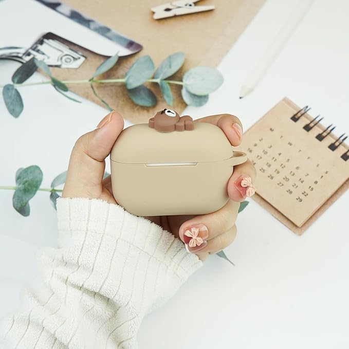 Wonhibo for Airpod Pro Case, Cute Kawaii Cover for Airpod Pro 2019 with Keychain for Women (Khaki Bear)