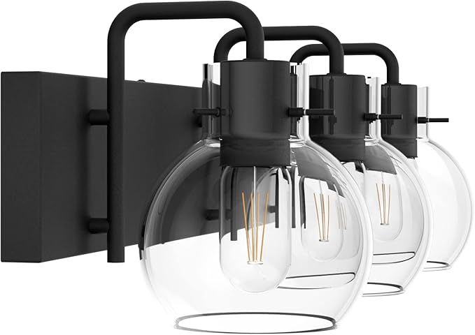 Tipace Industrial Bathroom Vanity Lighting Fixtures 3-Lights Farmhouse Matte Black Finish with Globe Clear Glass Vanity Lights Vintage Bath Lighting(Exclude Bulb)