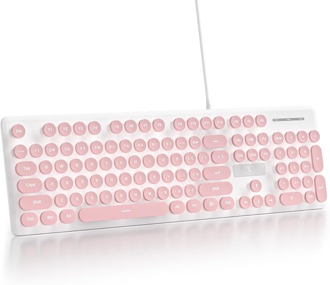 Quiet Keyboard Wired Membrane Keyboard Pink, Full Size 104 Keys Typewriter Key Board with Number Pad, White LED Backlit, Round Keycaps, Cute Computer Keyboards (Pink)