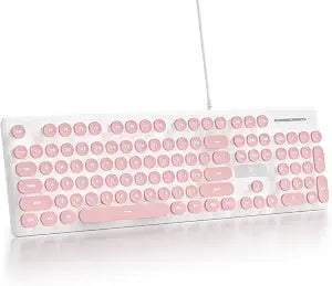 Quiet Keyboard Wired Membrane Keyboard Pink, Full Size 104 Keys Typewriter Key Board with Number Pad, White LED Backlit, Round Keycaps, Cute Computer Keyboards (Pink)