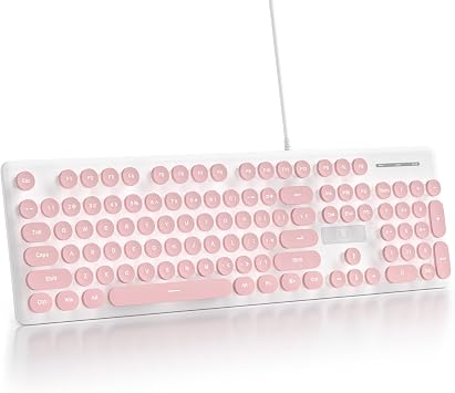 Quiet Keyboard Wired Membrane Keyboard Pink, Full Size 104 Keys Typewriter Key Board with Number Pad, White LED Backlit, Round Keycaps, Cute Computer Keyboards (Pink)