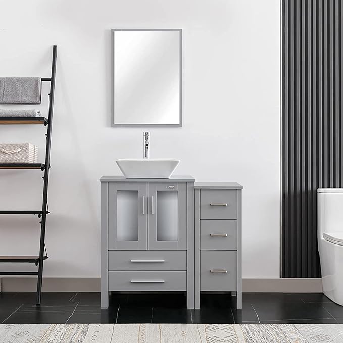 eclife 36" Modern Bathroom Vanity Sink Combo Freestanding Cabinet with Small Side Cabinet, White Square Ceramic Vessel Sink, Water Save Faucet, Drain (Gray+A07)