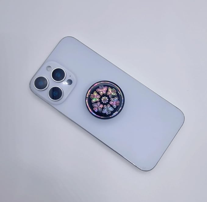 Korean Najeonchilgi Shell-Inlay Phone Grip Stand, Slim Round Phone Holder & Kickstand, Adhesive or Magnetic Back, Metal Ring Included - (Butterfly Blossom)