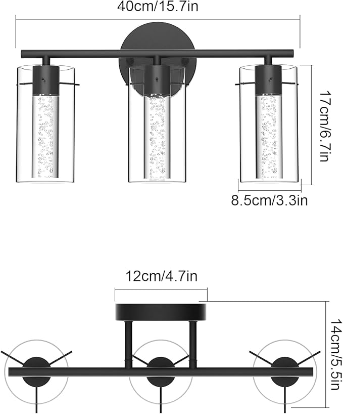 Tipace Modern Vanity Light,3-Light Black LED Vanity Light Fixture,Crystal Bathroom Lighting Fixtures Over Mirror,Wall Lighting Fixtures for Bath,Wall Sconce for Bedroom Living Room,6000K White Light