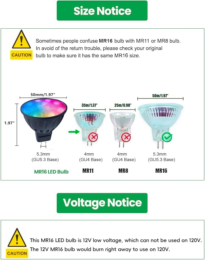 Smart WiFi MR16 LED Bulbs Dimmable, RGB MR16 LED Bulb Color Changing, GU5.3 Bi-pin 12V, Multicolor & CCT Tunable, Memory Function, Music Sync Compatible with Alexa, Google Assistant 2-Pack