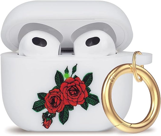 Flower Silicone Compatible with AirPods 3 Case 2021, Gawnock Soft Case Cover Compatible with AirPods 3rd Generation Floral Print Cover for Women Girls with Keychain (Rose Flower)