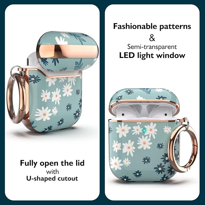 TATOFY Case Cover for AirPods 1&2, Elegant Cute Flower Patterns Protective Hard Case with Clip Keychain