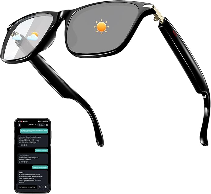 Ai Smart Glasses with Chat GPT, Bluetooth Glasses for Men Women with 160+ Language & Accents, Translation Glasses Color-Change Lens, Smart Eyewear for Gaming Meeting Travel Trade Business, (Black)