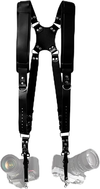 Double Camera Strap, Shoulder Camera Strap Harness Leather Dual Camera Strap for Two DSLR/SLR Cameras, Adjustable