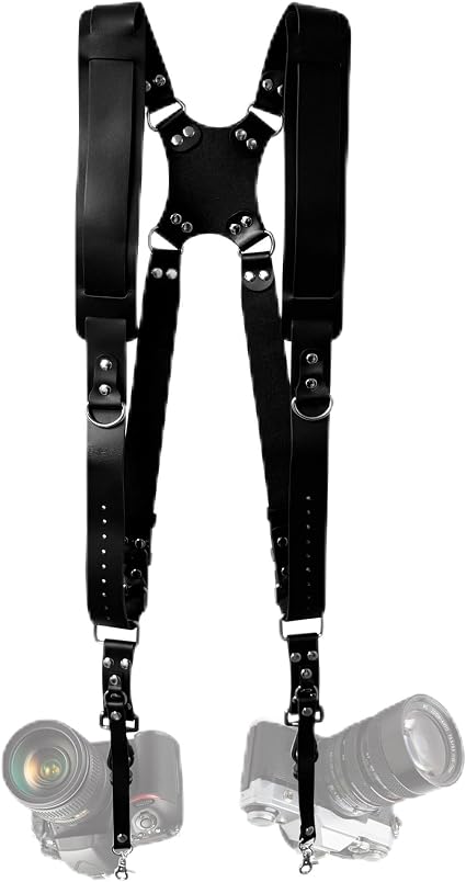 Double Camera Strap, Shoulder Camera Strap Harness Leather Dual Camera Strap for Two DSLR/SLR Cameras, Adjustable