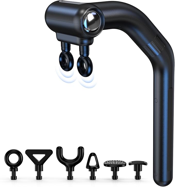 Dual-Head Massage Gun with Extension Handle, 3-in-1 Detachable Handheld Percussion Muscle Massager for Back Neck Shoulder Body Deep Tissue Pain Relief - 6 Speeds Levels (Black)