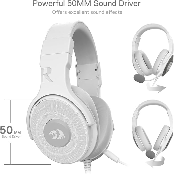 Redragon H350 White Wired Gaming Headset, Dynamic RGB Backlight - Stereo Surround-Sound - 50MM Drivers - Detachable Microphone, Over-Ear Headphones Works for PC/PS4/XBOX One/NS