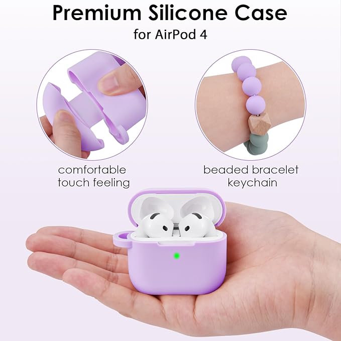 Filoto Compatible with AirPods 4 Case - Soft Silicone Cover with Bracelet Lanyard and Keychain, Shockproof and Scratch-Resistant, Cute Design for AirPods 4th Generation(Lavender Purpl)