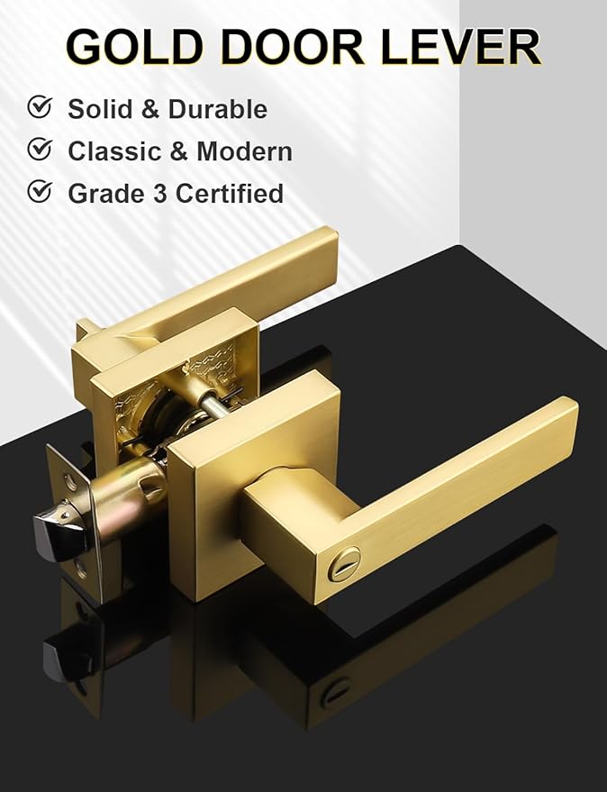 6 Pack Heavy Duty Gold Square Privacy Interior Door Levers, Satin Brass Finish, Bedroom and Bathroom Door Handles Keyless Bed/Bath Lockset