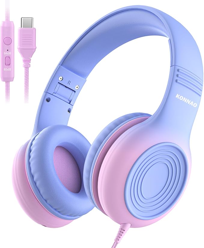 Upgrade USB Type C Kids Headphones, Wired Headphones for Kids with Microphone for Boys Girls, Adjustable 85dB/94dB Volume Limited