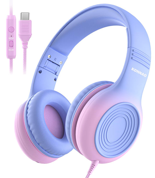 Upgrade USB Type C Kids Headphones, Wired Headphones for Kids with Microphone for Boys Girls, Adjustable 85dB/94dB Volume Limited