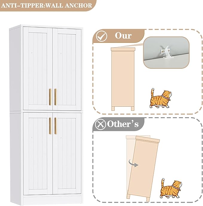 Kitchen Pantry Cabinet, Tall Storage Cabinet with Adjustable Shelves and 4 Doors, Farmhouse Freestanding Cupboard Hutch for Dining Room Living Room, Laundry, White