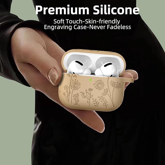 Lerobo for AirPods Pro 2nd/1st Gen Silicone Skin Cover - Cute, Flower Engraved, Full Protective Case Compatible with Apple AirPod Pro/Pro 2 - Front LED Visible, Milk Tea